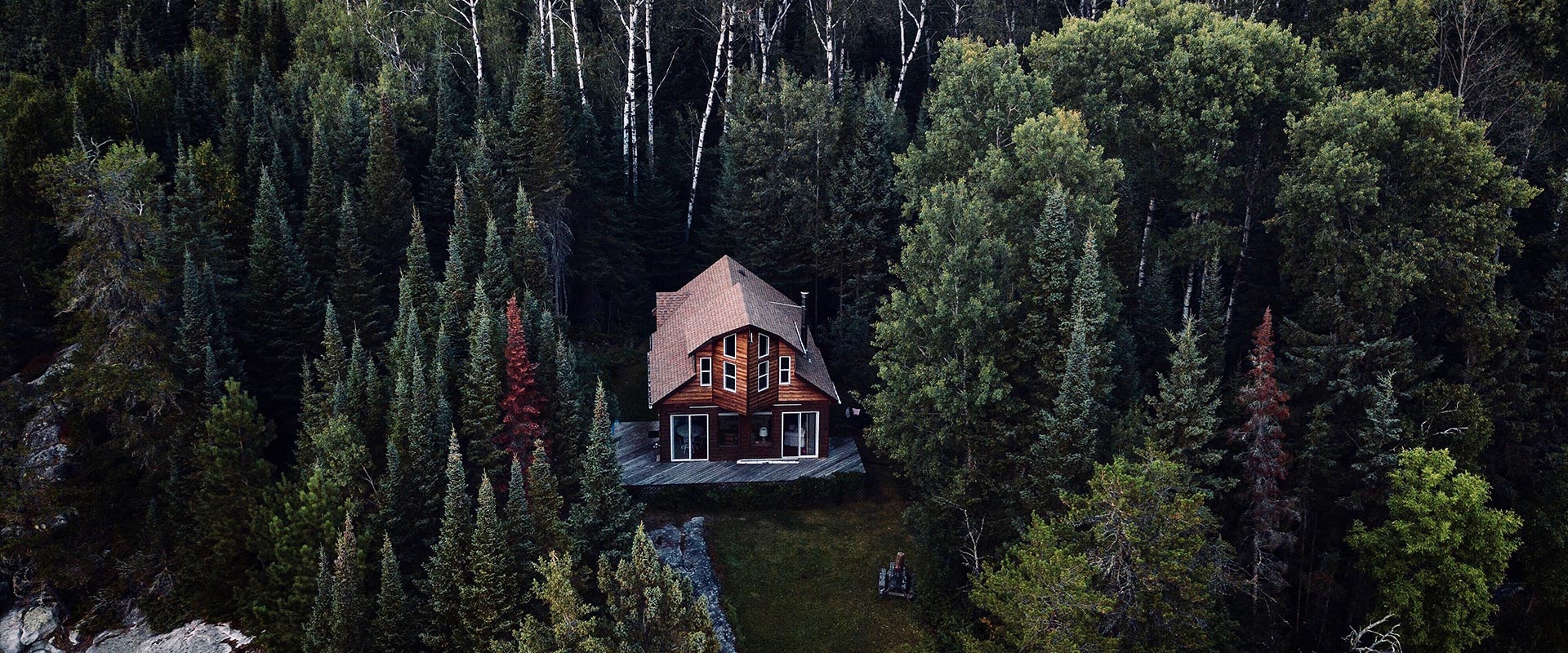 A ranch cabin in a dense forest area